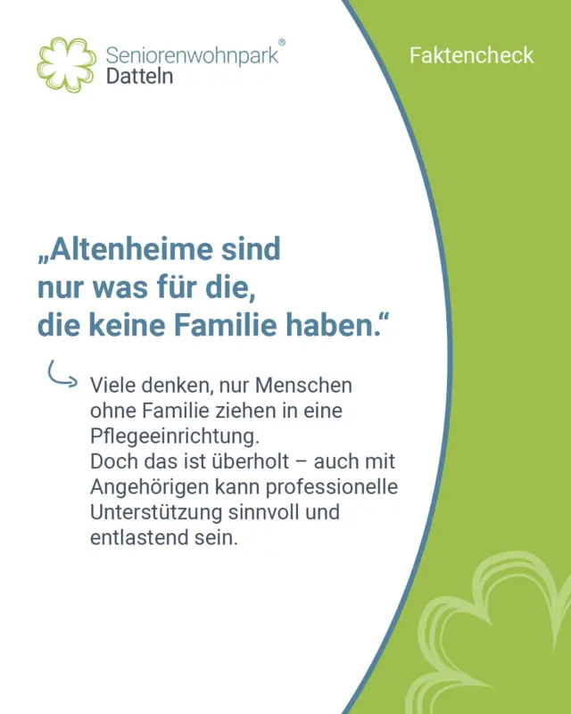 Viele denken, dass nur alleinstehende Menschen in Pflegeeinrichtungen ziehen. Doch das Bild ist überholt! Pflegeeinrichtungen bieten auch Familien sinnvolle Entlastung. 😊🌟

Warum ist eine Pflegeeinrichtung trotz Familie sinnvoll?

- Pflege zu Hause kann körperlich und emotional belastend sein.
- Angehörige wohnen oft weiter weg oder sind berufstätig.
- Medizinische Sicherheit & 24/7-Betreuung sind durch nichts zu ersetzen.
- Familien dürfen Entlastung finden, ohne schlechtes Gewissen.

Pflege zu Hause ist wichtig, aber nicht immer möglich. Das ist okay! Der Seniorenwohnpark Datteln ist mehr als ein Altenheim. Hier leben Menschen selbstbestimmt in eigenen Wohnungen, mit Unterstützung so viel wie nötig und so viel Freiheit wie möglich. 🙌

Angehörige sind willkommen, aber nicht rund um die Uhr nötig.

Und wer keine Familie hat? Keine Sorge, auch ohne Angehörige ist man hier nicht allein. Durch den Alltag, gemeinsame Aktivitäten und Feste wird jeder Teil einer besonderen Hausgemeinschaft, fast wie eine zweite Familie. 💚

Fazit:
Der Seniorenwohnpark Datteln ist für alle, die würdevoll und selbstbestimmt leben möchten. Ob mit oder ohne Familie, bei uns ist jeder willkommen.

#PflegeMitWürde #SelbstbestimmtLeben #GemeinschaftErleben #JederIstWillkommen #NieAllein #seniorenwohnparkdatteln #ambulanterpflegedienst #mobilepflege #betreuteswohnen #datteln #recklinghausen