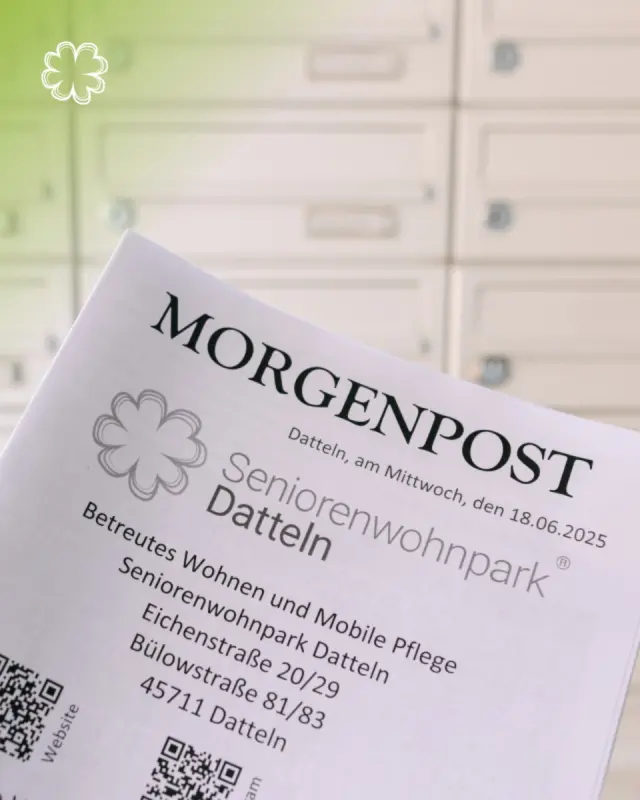 Guten Morgen aus dem Seniorenwohnpark Datteln! 🌿

Seit Oktober 2023 bereichert unsere Morgenpost den Start in den Tag unserer Bewohner. Mit Liebe gestaltet, bietet sie täglich wertvolle Informationen und Unterhaltung. Sei es der Tagesplan, das Menü für das Mittagessen, oder ein kleiner Ausblick auf's Wetter – alles, was unser Herz begehrt!

Doch unsere Morgenpost wäre nicht komplett ohne die besonderen Extras: Geburtstagsgrüße, historische Rückblicke unter dem Motto „Heute vor...“, inspirierende Sprüche, und spannende Fakten sorgen für Lächeln und Gesprächsstoff. Für unsere Rätselbegeisterten gibt es natürlich täglich neue Herausforderungen, die den Geist fit halten. 🤔🧩

Für viele Bewohner ist die Morgenpost längst ein liebgewonnenes Ritual, das Struktur und Freude in ihren Alltag bringt. Ein Zeichen unserer Fürsorge und Gemeinschaft, welches wir nicht mehr missen möchten. 💚

#SeniorenwohnparkDatteln #Morgenpost #Fürsorge #Gemeinschaft #StartInDenTag #FreudeTeilen #LiebeZumDetail #Rituale #Seniorenbetreuung #seniorenwohnparkdatteln #ambulanterpflegedienst #mobilepflege #betreuteswohnen #datteln #recklinghausen