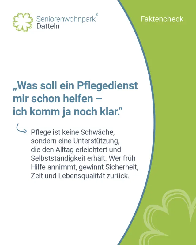 Pflege ist keine Schwäche – sondern echte Entlastung! ✨

Viele denken bei Pflege an "Endstation", doch oft ist ambulante Pflege das genaue Gegenteil: Ein Weg, länger selbstständig zu bleiben und gezielt Unterstützung zu bekommen, ohne dabei das Gefühl der Unabhängigkeit zu verlieren. 🙌

Pflege bedeutet nicht automatisch eine "Rundumversorgung". Manche Menschen benötigen nur kleine Hilfen im Alltag, und genau dafür sind wir da.

- Hilfe beim Duschen 🧼
- Unterstützung bei der Medikamentenkontrolle 💊
- Wundversorgung nach Operationen 🩹 
- Unterstützung bei der Dokumentation oder Pflegebegutachtung 🖊️
- Einfache Handgriffe, die mit zunehmendem Alter schwerer werden – und niemand gern allein machen möchte 🧓

Viele unserer Patient:innen sagen rückblickend: 
„Ich hätte viel früher Hilfe annehmen sollen – es hätte mir vieles erleichtert.“ 

Denn jeder kann mal in die Situation kommen, in der man sich wünscht: 
„Wie gut, dass jemand da ist.“ 💚

Genau dafür gibt es uns! Ambulante Pflege heißt nicht: Ich gebe etwas ab. 
Sondern: Ich bekomme etwas zurück – Zeit, Sicherheit und Entlastung.

#AmbulantePflege #Selbstständigkeit #Sicherheit #Entlastung #PflegeOhneSchwäche #LängerUnabhängig #HilfeImAlltag #PflegeMitHerz #seniorenwohnparkdatteln #ambulanterpflegedienst #mobilepflege #betreuteswohnen #datteln #recklinghausen